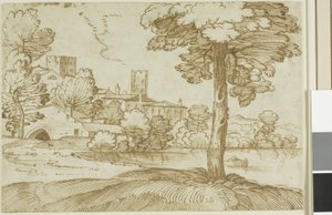 Landscape with a Large Tree on the Right and a Distant View of a Town on the Left by Giovanni Francesco Grimaldi