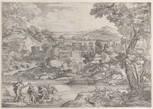 The Baptism of Christ at lower left, within a landscape by Giovanni Francesco Grimaldi