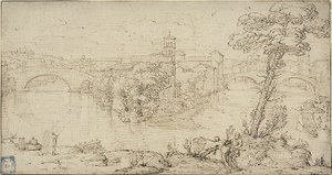 View of Isola Tiberina by Giovanni Francesco Grimaldi