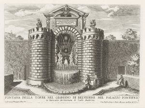 Fountain in the Vatican Gardens (title on object: Fountain of the Tower in the Garden of Belvedere in the Pontifical Palace) (series title: The Fountains in the Palaces and Gardens of Rome) by Giovanni Francesco Venturini