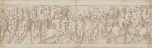 A Sarmatian village is destroyed under the eyes of the emperor; barbarians look on from a stand; Marcus Aurelius receives a mounted German messenger on horseback by Giovanni Guerra