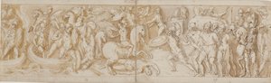 Roman soldiers crossing a river in boats (largely restoration); a fighting Roman soldier; Roman guards bringing barbarian prisoners before the emperor; beginning of a march