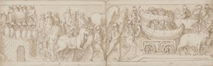 The Besieged Romans Receive Reinforcements from the Other Side, the Romans on the March with the Emperor; Shields in Boats are Pulled Over a Bridge on Ox-Carts