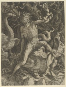 Fury personified as an old man riding a monster, holding a skull in his left hand