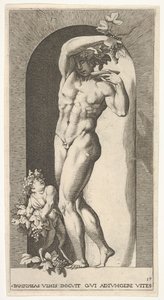 Bacchus Standing in a Niche, Holding Grapes Over a Plate, Accompanied by an Infant