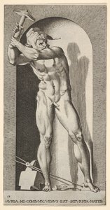 Plate 19: Vulcan Standing in a Niche Swinging a Hammer, with an Anvil, Hammer, and Tongs