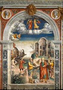 Sign of the Zodiac: The Gemini. Below, legend associated with the birth of the constellation corresponding to the sign: two men exchange an artichoke and flowers. A woman kisses a bird, men in the background came the god Neptune. Top medallions with portra by Giovanni Maria Falconetto