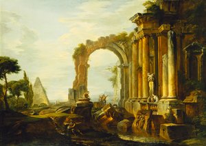 A Capriccio of Classical Ruins with the Pyramid of Cestius and Figures in a Landscape by Giovanni Paolo Pannini