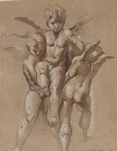 Two Putti Carrying a Third Putti (recto); A Youth with a Staff (verso)