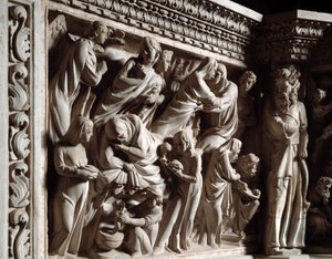 Detail of the Reliefs of the Chair by Giovanni Pisano: The Annunciation, the Visitation, and the Birth of John the Baptist (detail)