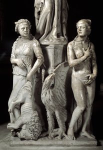 Detail of the sculpted groups supporting the Chair realized by Giovanni Pisano: two cardinal virtues