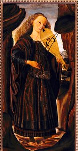 The Muse Terpsichore, ca 1480, by Giovanni Santi, wood, cm 82x39. Italy