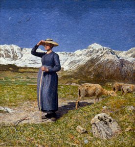 Midday in the Alps. A bergere protecting her eyes from the sun by Giovanni Segantini