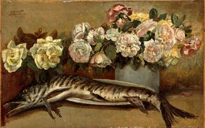 Still life with flowers and fish by Giovanni Segantini