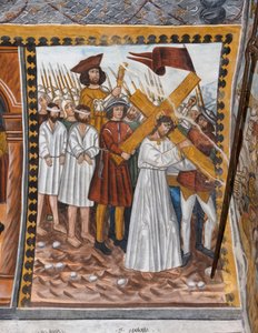 Stories of the Passion of Christ: Jesus goes up to Calvary carrying the cross and helped by Cyrenaeus