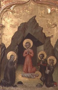 Adoration of the Child by the Virgin, St. Joseph and two saints by Giovanni di Paolo di Grazia