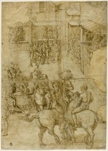 Mythological Pageant (recto); Illegible Inscriptions and Anatomical Studies of Head (verso)