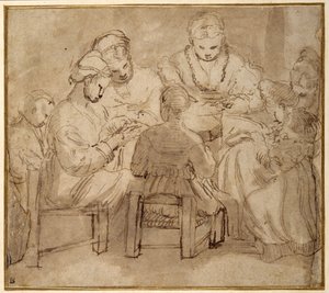 Women and girls seated round a table sewing by Girolamo Romanino