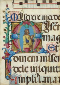 Manuscript Illumination with David in Prayer in an Initial M, from a Psalter, Italian