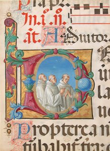 Manuscript Illumination with Singing Monks in an Initial D, from a Psalter, Italian