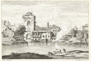 View of City with Tower by Water
