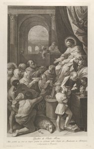 Saint Job seated at right receiving the gifts of the people by Giuliano Traballesi