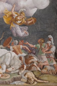 A Battle, (detail) The Trojan Horse, Chamber of Troy (Sala di Troia) by Giulio (and workshop) Romano