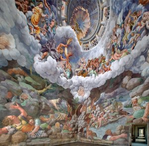 Zeus surrounded by other gods of Olympus throwing lightnings against the Giants and destructing them, vault and the South and West walls, Chamber of the Giants