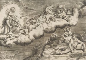 An allegory of the rising sun, a naked man wearing a shroud and accompanied Father Time