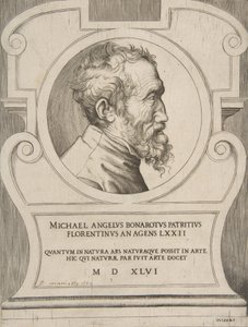 Bust portrait of Michelangelo facing right, set within a cartouche, 1546