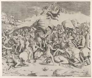 Constantine defeating the tyrant Maxentius, angels carrying swords fly above, 1544 by Giulio Bonasone