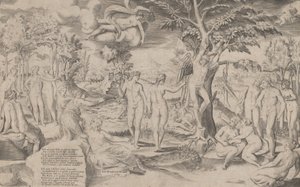 Cupid in the Elysian Fields Tied to a Tree in the Centre, Surrounded by Many Figures by Giulio Bonasone