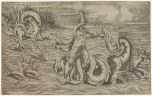 Hercules Wrestling with Achelous by Giulio Bonasone