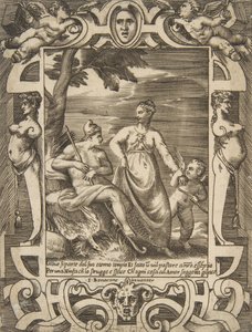 Jupiter at left in the form of a shepherd accompanied by Mnemosyne, set within an elaborate frame, 1531-76