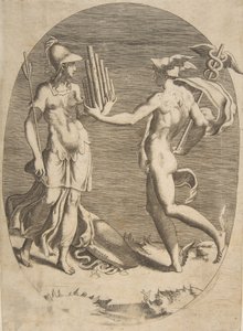 Mercury Presenting a Panpipe to Minerva by Giulio Bonasone