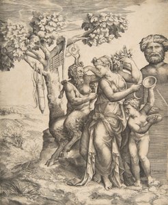 Pan at the left seated next to a standing nymph, to the right Cupid holding cymbals, 1531-76