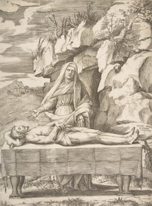 Pieta, Christ stretched out on a table in a landscape, the Virgin standing behind arms, 1531-76