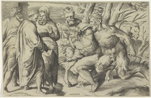 Two Satyrs Bring Silenus to King Midas by Giulio Bonasone