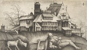 The Old Shepherd Lying in a Landscape, Buildings Behind, a Goat and a Sheep, ca. 1500-1515