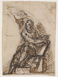 Seated man with writing tablet (?). Architectural detail