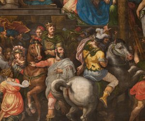 Wall opposite the counterfacade of the south transept, Giuseppe Campi, Triumph of Mordecai 1567 (detail lower part)