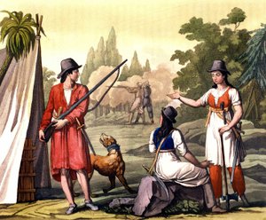 Buccaneers and women pirates: the pirate Jack Rackham also known as Calico Jack represented with Anne Bonny and Mary Read in the West Indies. Plate from 
