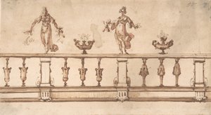 Design for a Balustrade with Female Figures and Urns, 16th-17th century