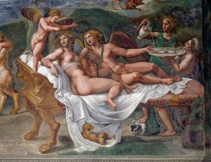 Cupid and Psyche with their daughter Voluptas lying on bed, detail from Wedding feast or Banquet of gods, fresco by Giulio Romano, Palazzo Te, Mantua, Lombardy, Italy