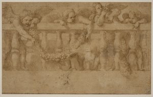 Four Winged Putti Decorating a Balustrade with Garlands by Giulio Romano