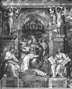 Pope Sylvester I (314-335) between Faith and Religion, Raphael Rooms by Giulio Romano