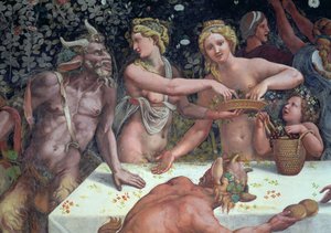 Two Horae scattering flowers, watched by two satyrs: (detail)