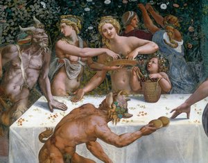 Wedding feast or Banquet of gods, fresco by Giulio Romano, west wall of Chamber of Cupid and Psyche, Palazzo Te, Mantua, Lombardy, Italy