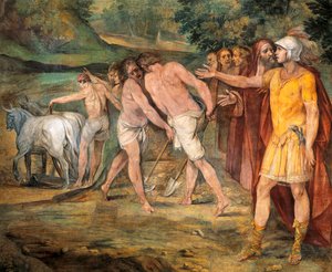 Romulus marking limits of Rome, by Giuseppe Cesari, fresco, Hall of Horatii and Curiatii, Conservatories Palace, Rome, Roman Kingdom, Italy
