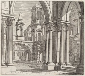 Architectural Fantasy with Buildings, Stairways, and Portals beside a Canal by Giuseppe Antonio Landi
